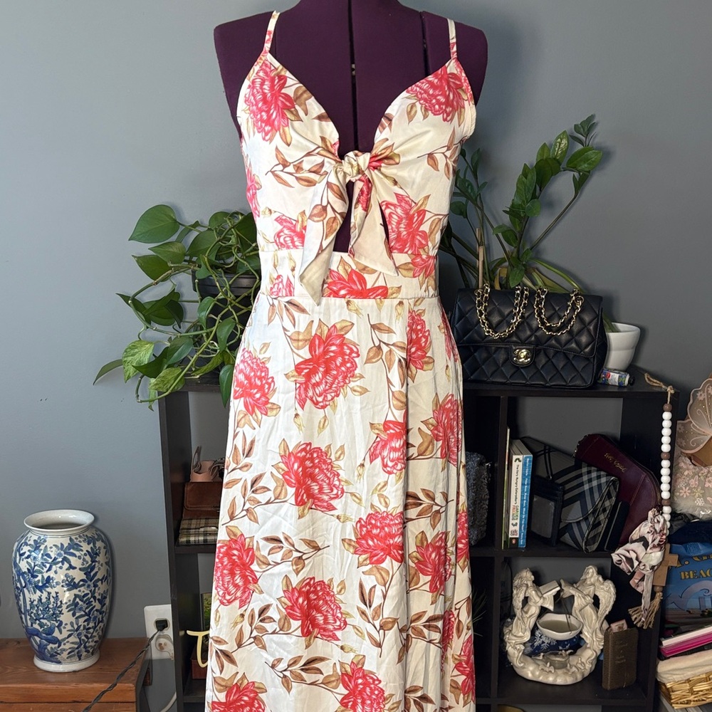 Floral Tie-Front Midi Dress in Cream and Coral